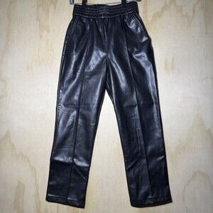 H&M Womens Faux Leather Pants Black Elastic Waist Straight Leg Size 4